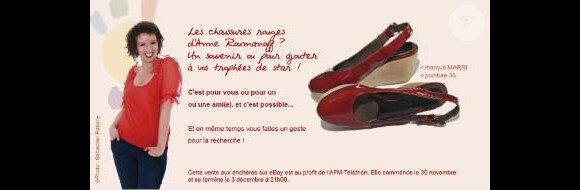Anne Roumanoff vend aux enchères sa paire de chaussures rouges. L'argent récolté lors de cette vente sera reversé au Téléthon.