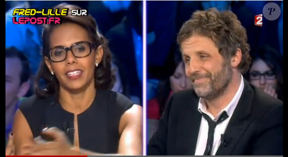 Stéphane Guillon et Audrey Pulvar, sur le plateau d'On n'est pas couché, le samedi 17 décembre 2011.