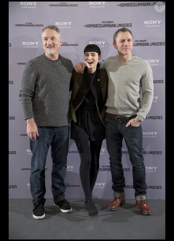 David Fincher, Daniel Craig et Rooney Mara présentent Millénium : Les hommes qui n'aimaient pas les femmes, à Madrid le 4 janvier 2012.