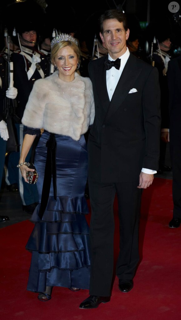 Le diadoque Pavlos de Grèce et son épouse la princesse Marie-Chantal. Dîner de gala à la salle de concert de Copenhague dans le cadre du jubilé des 40 ans de règne de la reine Margrethe II, samedi 14 janvier 2012. 1500 convives de marque étaient invités.
