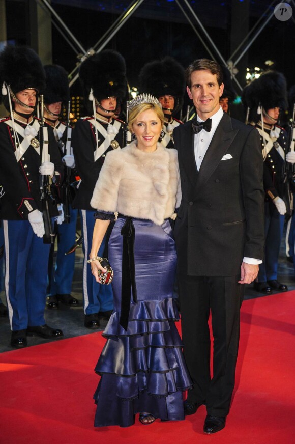Le diadoque Pavlos de Grèce et son épouse la princesse Marie-Chantal. Dîner de gala à la salle de concert de Copenhague dans le cadre du jubilé des 40 ans de règne de la reine Margrethe II, samedi 14 janvier 2012. 1500 convives de marque étaient invités.