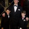Le prince Joachim de Danemark et ses deux fils aînés, le prince Nikolai, 12 ans, et le prince Felix, 9 ans. Dîner de gala à la salle de concert de Copenhague dans le cadre du jubilé des 40 ans de règne de la reine Margrethe II, samedi 14 janvier 2012. 1500 convives de marque étaient invités.
