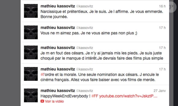 Aperçu du compte Twitter de Mathieu Kassovitz le 27 janvier 2012.
Mathieu Kassovitz, furieux après l'annonce des nominations des César 2012, pour lesquelles son film L'Ordre et la Morale n'est cité qu'une fois (dans une catégorie mineure), s'est vertement révolté sur Twitter.