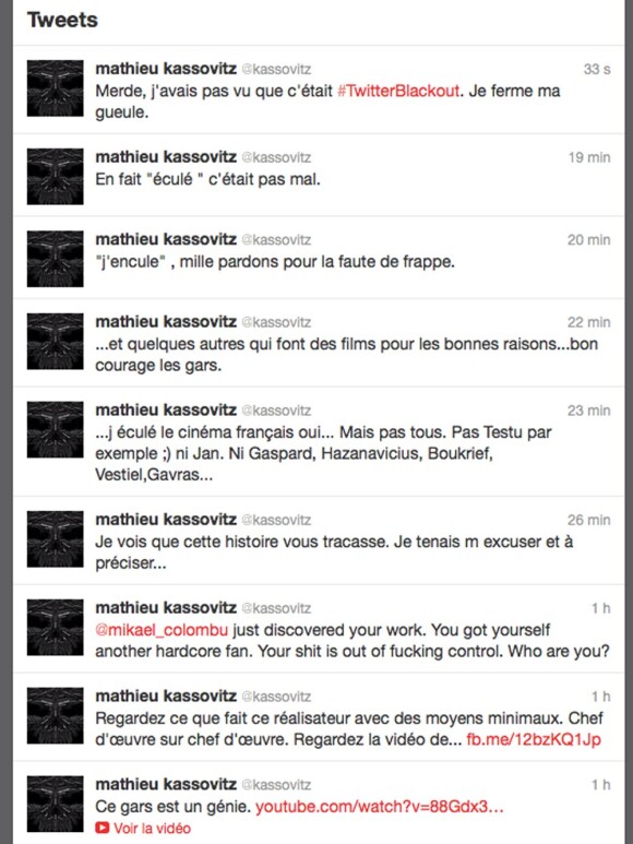 Aperçu du compte Twitter de Mathieu Kassovitz le 28 janvier 2012.
Mathieu Kassovitz, furieux après l'annonce des nominations des César 2012, pour lesquelles son film L'Ordre et la Morale n'est cité qu'une fois (dans une catégorie mineure), s'est vertement révolté sur Twitter.