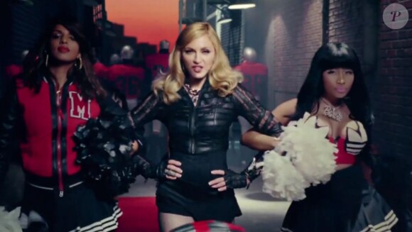 Image extraite du clip Give Me All You Luvin' de Madonna avec M.I.A et Nicki Minaj, février 2012.