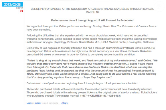 Message de Céline Dion sur son site officiel.