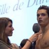 Laury Thilleman interviewe pour Eurosport Florent Manaudou après sa qualification (et l'échec de son beau-frère Fred Bousquet) pour les JO de Londres à l'issue du 50 m nage libre des championnats de France de Dunkerque, le 24 mars 2012.