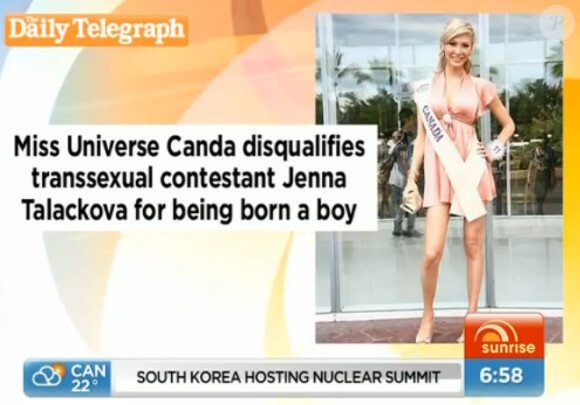 Photo de Jenna Talackova montrée dans l'émission australienne Sunrise sur la chaîne Seven Network. Elle a été disqualifiée le 23 mars du concours Miss Univers Canada.