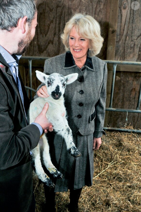Camilla Parker Bowles en visite à la Jamie's Farm, dans le Wiltshire, le 3 avril 2012.