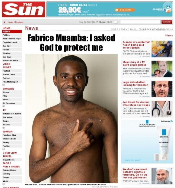 Fabrice Muamba, victime d'un arrêt cardiaque en plein match, dévoile ses cicatrices dans The Sun on Sunday du 22 avril 2012