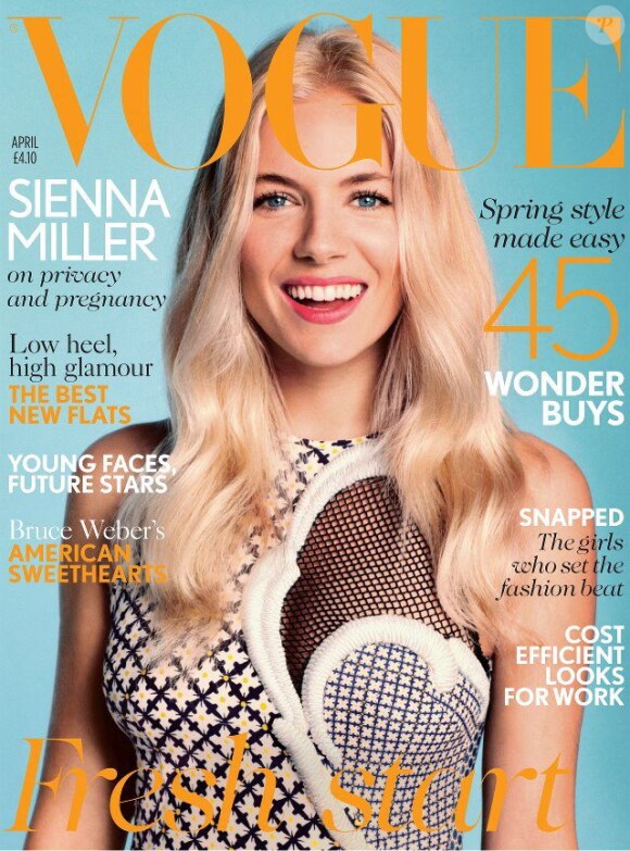Sienna Miller habillée d'une robe Stella McCartney en couverture du magazine Vogue UK d'avril 2012.
