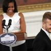 David Beckham répond aux questions de jeunes écoliers lors d'un événement organisé par Michelle Obama dans le cadre de la campagne Let's Move ! à la Maison Blanche le 15 mai 2012