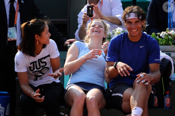 Li Na, Kim Clijsters et Rafael Nadal morts de rire le 24 mai 2012 à Roland Garros lors d'un essai pour les nouvelles raquettes intelligentes signées Babolat