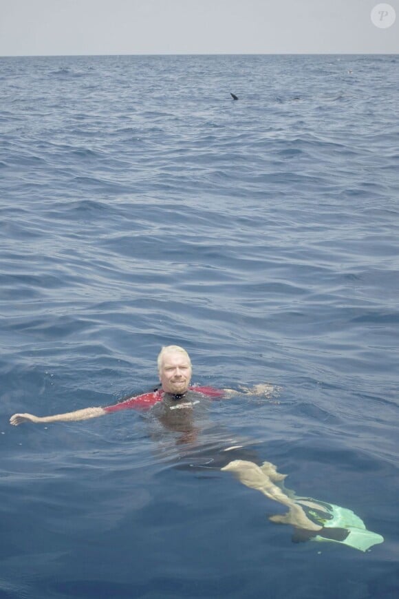 Richard Branson comme un poisson dans l'eau avant d'aller nager avec les requins-baleines au large des îles Mujeres le 9 juillet 2012