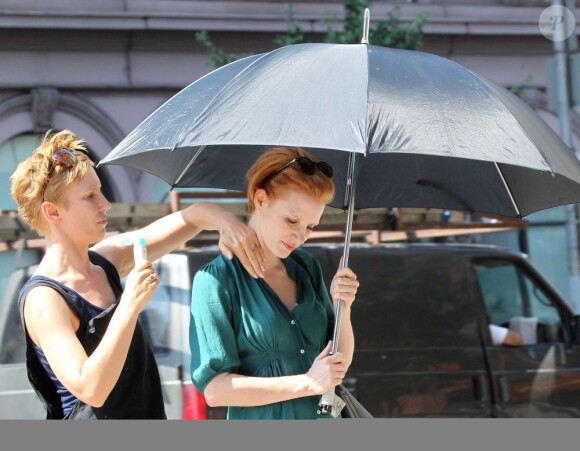 Jessica Chastain a dévoilé sa nouvelle coupe de cheveux sur le tournage de The Disappearance of Eleanor Rigby à New York