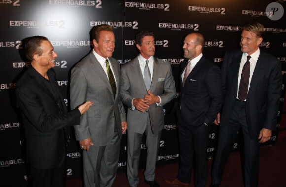 Arnold Schwarzenegger, Sylvester Stallone et Jason Statham à Paris le 9 août 2012 pour le photocall d'Expendables 2