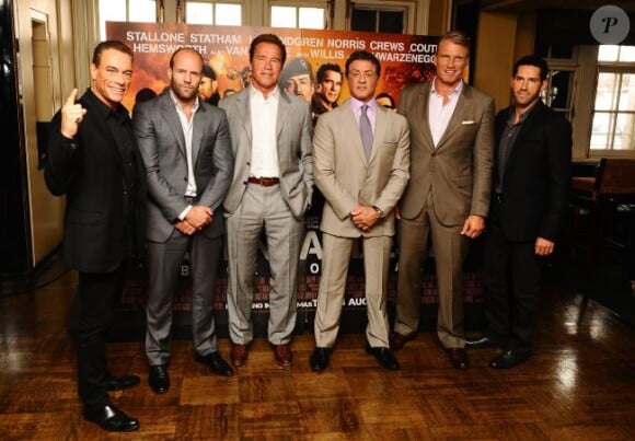 Jean-Claude Van Damme, Jason Statham, Arnold Schwarzenegger, Sylvester Stallone, Dolph Lundgren et Scott Adkins à Londres pour la promotion d'Expendables 2 à Londres le 12 août 2012