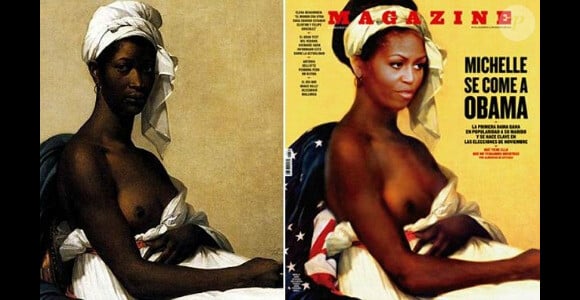 Michelle Obama en une polémique du magazine espanol Fuera de serie, dans une mise en scène réalisée par Karine Percheron-Daniels, inspirée de l'oeuvre de Marie-Guillemine Benoist, Portrait d'une Négresse, datant de 1800