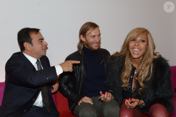 David et Cathy Guetta au Mondial de l'Auto 2012 à Paris, le jeudi 27 septembre 2012, pour présenter la Renault Twizy by David & Cathy Guetta, dont ils sont les créateurs.