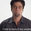 
Benicio Del Toro dans la campagne vidéo pour Vote 4 Stuff.
