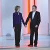 Michel Drucker et Jane Fonda, sur le plateau de l'émission Vivement dimanche sur France 2. Tournage du mercredi 24 octobre 2012. Diffusion fixée au dimanche 28 octobre 2012.