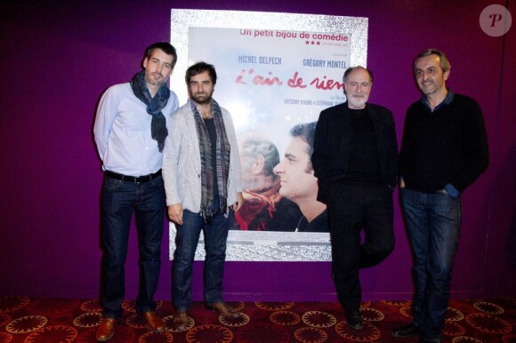 Grégory Magne, Grégory Montel, Michel Delpech et Stéphane Viard à la première de L'Air de rien à Paris, le 6 novembre 2012.