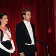  La princesse Caroline et son fils Andrea Casiraghi au Forum Grimaldi pour l'opéra de Puccini  La Fianciulla del West  lors de la soirée de gala de la Fête nationale à Monaco le 19 novembre 2012. 