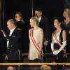 Le prince Albert et la princesse Charlene de Monaco étaient accompagnés de la princesse Caroline de Hanovre et ses fils Andrea et Pierre Casiraghi au Forum Grimaldi pour l'opéra de Puccini La Fianciulla del West lors de la soirée de gala de la Fête nationale à Monaco le 19 novembre 2012.