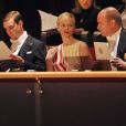 Le prince Albert et la princesse Charlene de Monaco étaient accompagnés de la princesse Caroline de Hanovre et ses fils Andrea et Pierre Casiraghi au Forum Grimaldi pour l'opéra de Puccini  La Fianciulla del West  lors de la soirée de gala de la Fête nationale à Monaco le 19 novembre 2012.