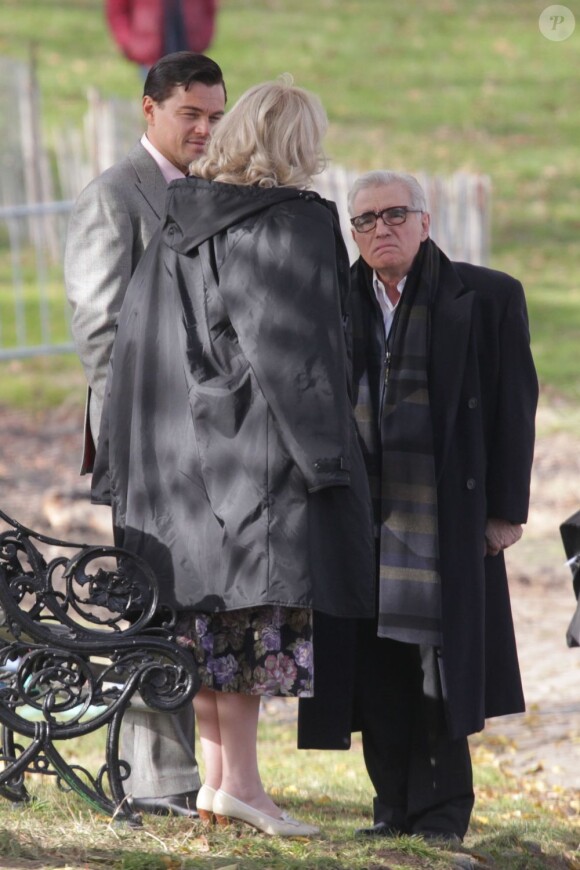 Leonardo DiCaprio, Joanna Lumley et Martin Scorsese sur le tournage de The Wolf of Wall Street le 20 novembre 2012 à New York