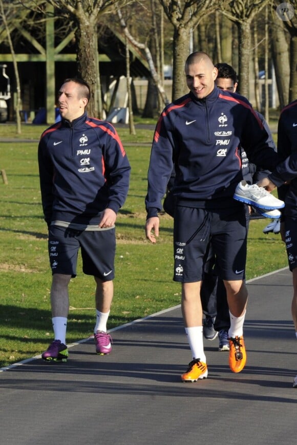 Franck Ribery et Karim Benzema à Clairefontaine le 21 mars 2011.