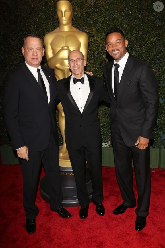 Tom Hanks, Jeffrey Katzenberg et Will Smith lors de la soirée des Governors Awards à Los Angeles le 1er décembre 2012