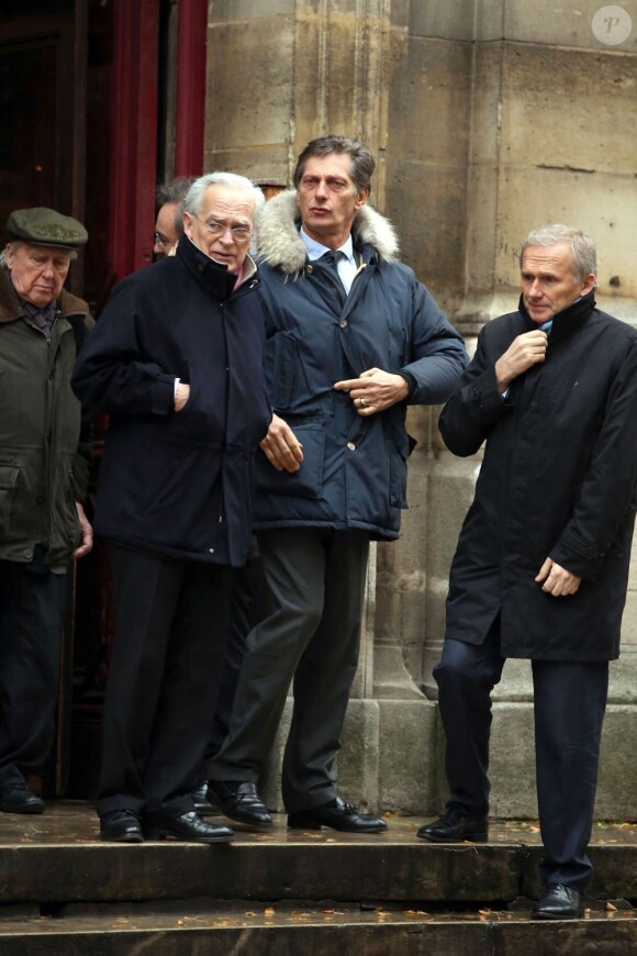 Thomas Valentin, Nicolas de Tavernost et Philippe Labro - Obsèques de Jacques Rigaud en l'Eglise Notre-Dame-des-Blancs-Manteaux. Le 14 decembre 2012 à Paris.