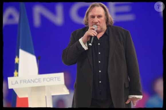 Gérard Depardieu lors du meeting de Nicolas Sarkozy à Villepinte le 11 mars 2012.