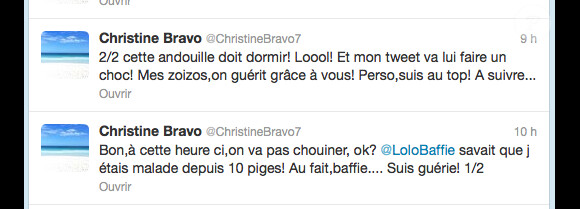 Christine Bravo twittait qu'elle était atteinte d'une grave maladie sanguine le 27 décembre 2012