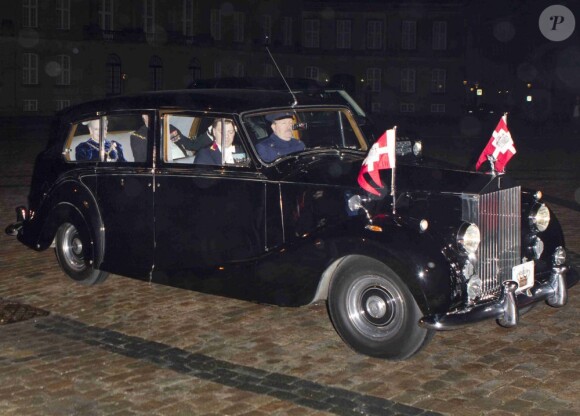 Arrivée de la reine Margrethe II de Danemark au gala du Nouvel An au palais Amalienborg, à Copenhague, le 1er janvier 2013