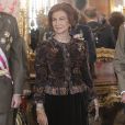 La reine Sofia très élégante pour les cérémonies militaires de l'épiphanie. Juan Carlos Ier d'Espagne présidait avec le prince Felipe, la reine Sofia et la princesse Letizia la Pâque militaire, le 6 janvier 2013 au palais royal.