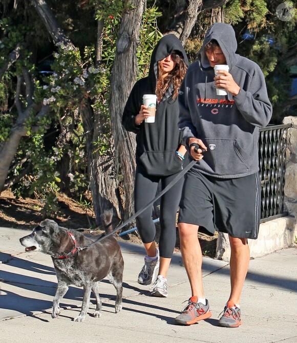 Ashton Kutcher et Mila Kunis promènent leur chien dans les rues d'Hollywood, le 7 Janvier 2013.