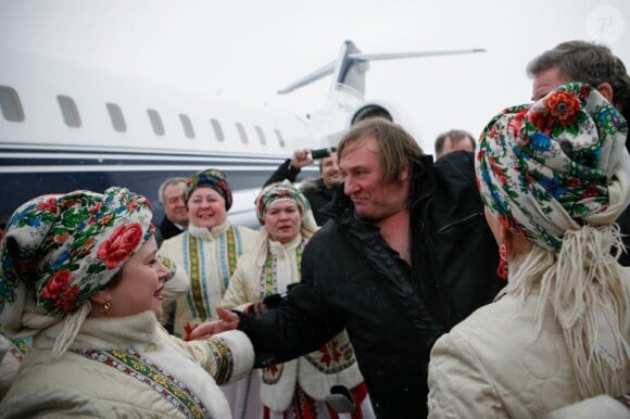 French actor Gerard Depardieu who was granted Russian citizenship is welcomed upon his arrival at the airport of Saransk, Mordovia, Russia, January 6, 2013. Photo by Marine Dumeurger/ABACAPRESS.COM08/01/2013 - Saransk