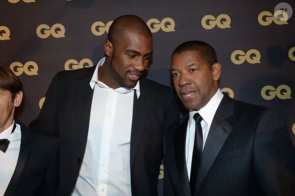 Teddy Riner et Denzel Washington lors de la soirée des GQ Awards, au Musée d'Orsay, le 16 janvier 2013.