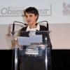 Najat Vallaud-Belkacem, ministre des Droits des femmes à la cérémonie du 1er prix Françoise Giroud décerné au MK2 Bibliothèque à Marion Van Renterghem pour le Prix du Portrait et à Bushra Al-Maqtary pour le Prix Nouvelle Vague, à Paris, le 17 janvier 2013.