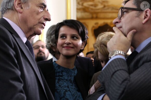 Jean-Pierre Elkabbach et Najat Vallaud-Belkacem lors des voeux du Premier ministre à la presse à Matignon le 18 janvier 2013