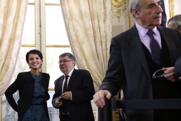 Najat Vallaud-Belkacem, Alain Vidalies et Jean-Marc Ayrault lors des voeux du Premier ministre à la presse à Matignon le 18 janvier 2013