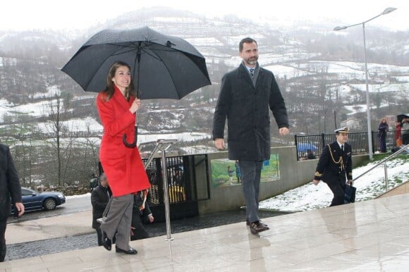 Le prince Felipe et la princesse Letizia d'Espagne lors de l'inauguration du complexe résidentiel pour personnes âgées "La Mineria" à Oviedo le 24 janvier 2013