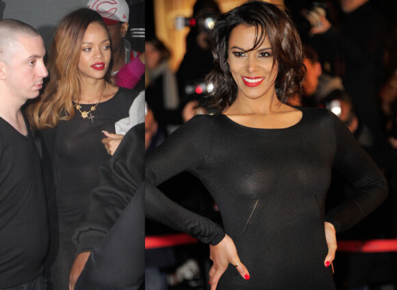 Rihanna à Los Angeles le 24 janvier 2013, contre Shy'm à Cannes le 26 : qui monter le mieux son corps en transparence dans une robe noire ?