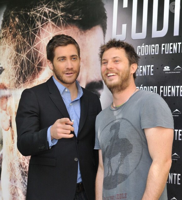 Jake Gyllenhaal et Duncan Jones pendant le photocall de Source Code à Madrid, le 5 avril 2011.