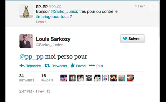 Louis Sarkozy se déclare en faveur du mariage pour tous, sur Twitter le 3 février 2013.