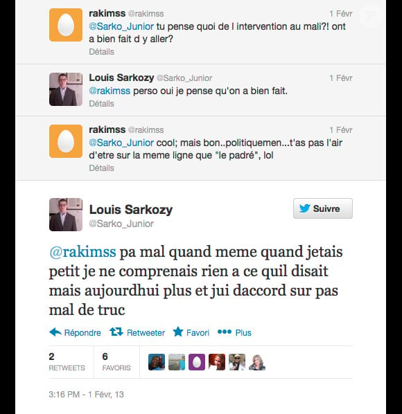 Louis Sarkozy se positionne sur l'actu et précise sa ligne politique, sur Twitter le 3 février 2013.