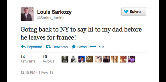 Louis Sarkozy annonce son retour à New York pour le week-end du 2 et 3 février pour voir son père, Nicolas Sarkozy, juste avant son retour à Paris.
