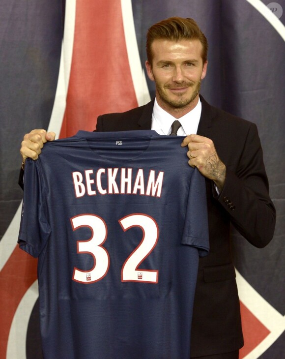 David Beckham lors de sa présentation comme nouveau joueur du Paris Saint-Germain au Parc des Princes. Paris, le 31 janvier 2013.